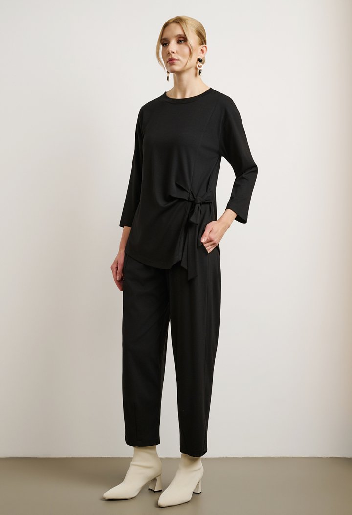 Tie-front blouse and barrel-leg trousers set