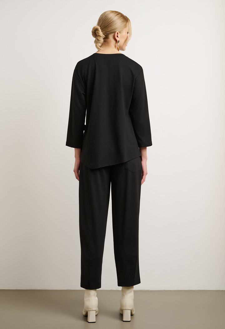 Tie-front blouse and barrel-leg trousers set