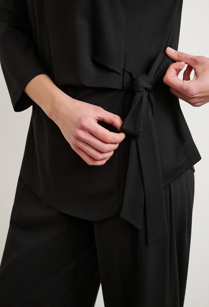 Tie-front blouse and barrel-leg trousers set