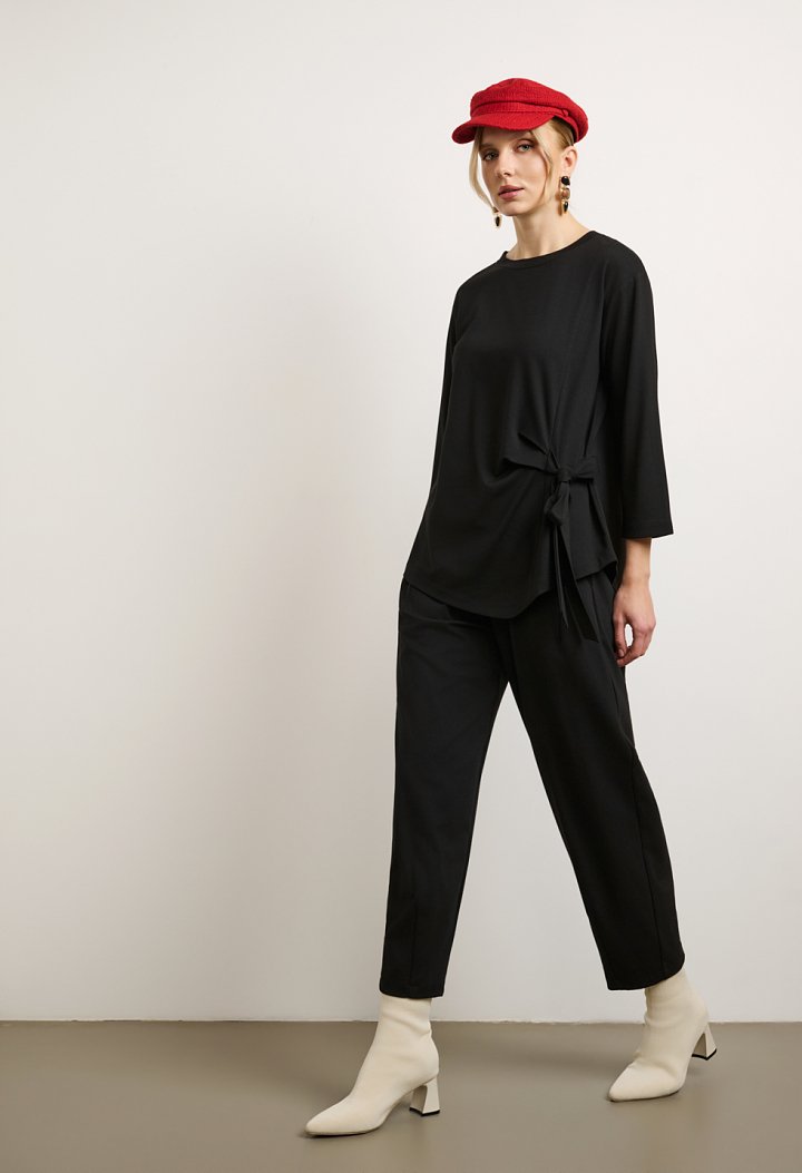 Tie-front blouse and barrel-leg trousers set