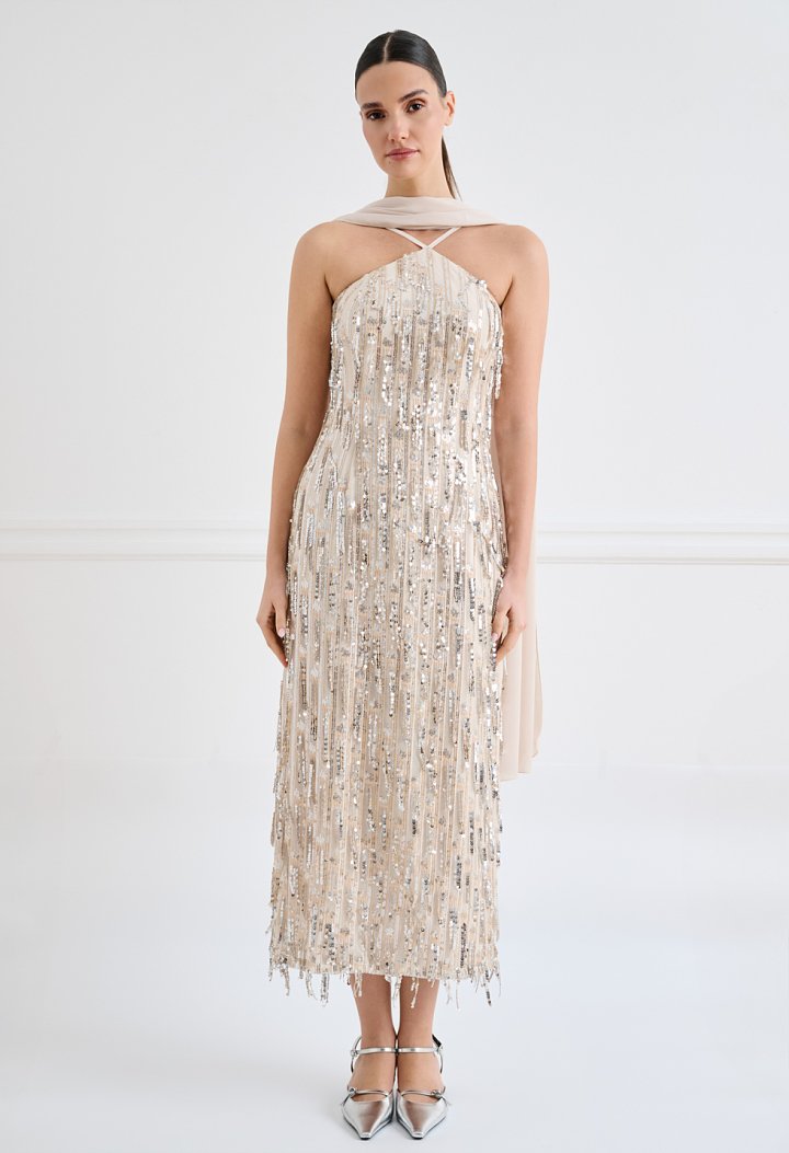 Midi evening dress with sequins and straps