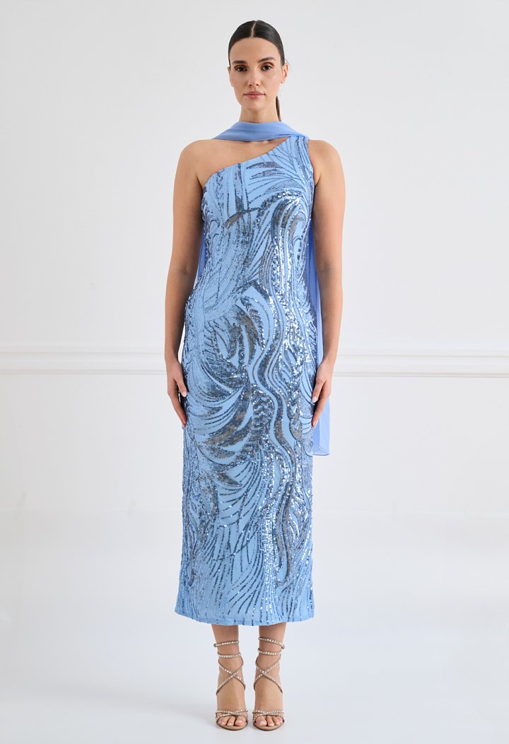 One-shoulder midi dress with sequins and a matching scarf