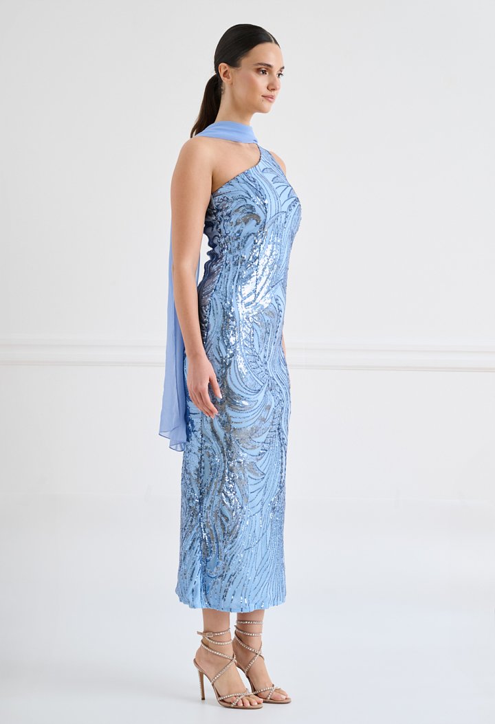 One-shoulder midi dress with sequins and a matching scarf