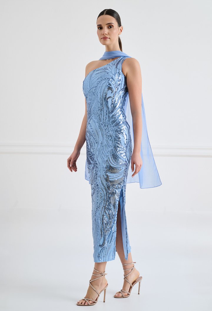 One-shoulder midi dress with sequins and a matching scarf