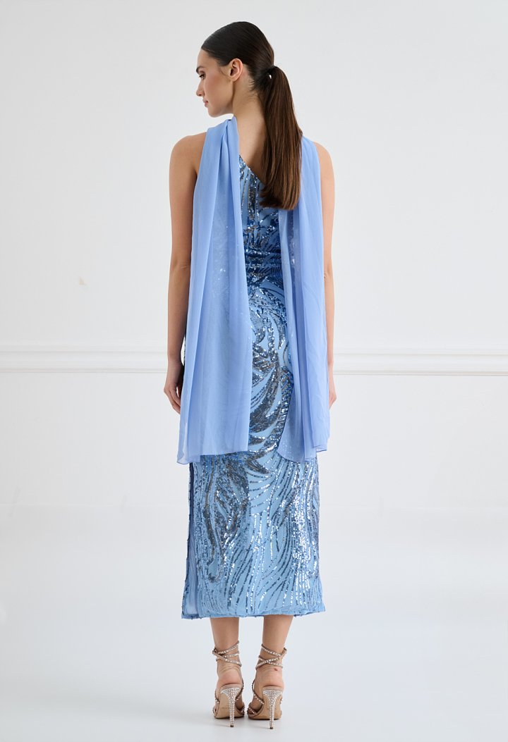 One-shoulder midi dress with sequins and a matching scarf