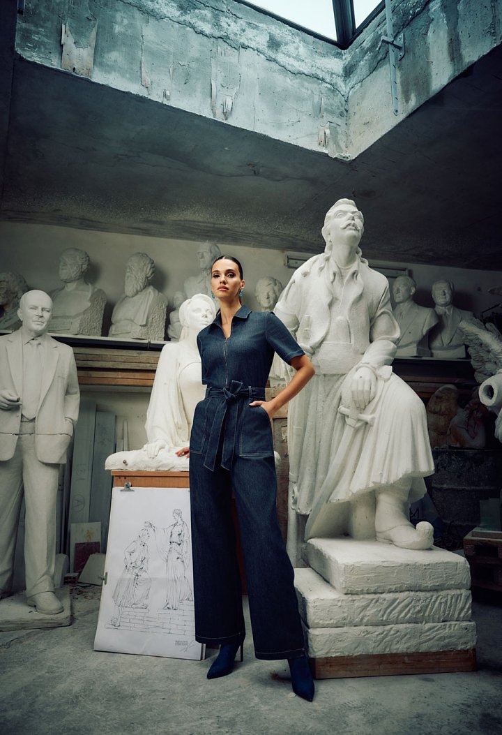 Denim jumpsuit with belt
