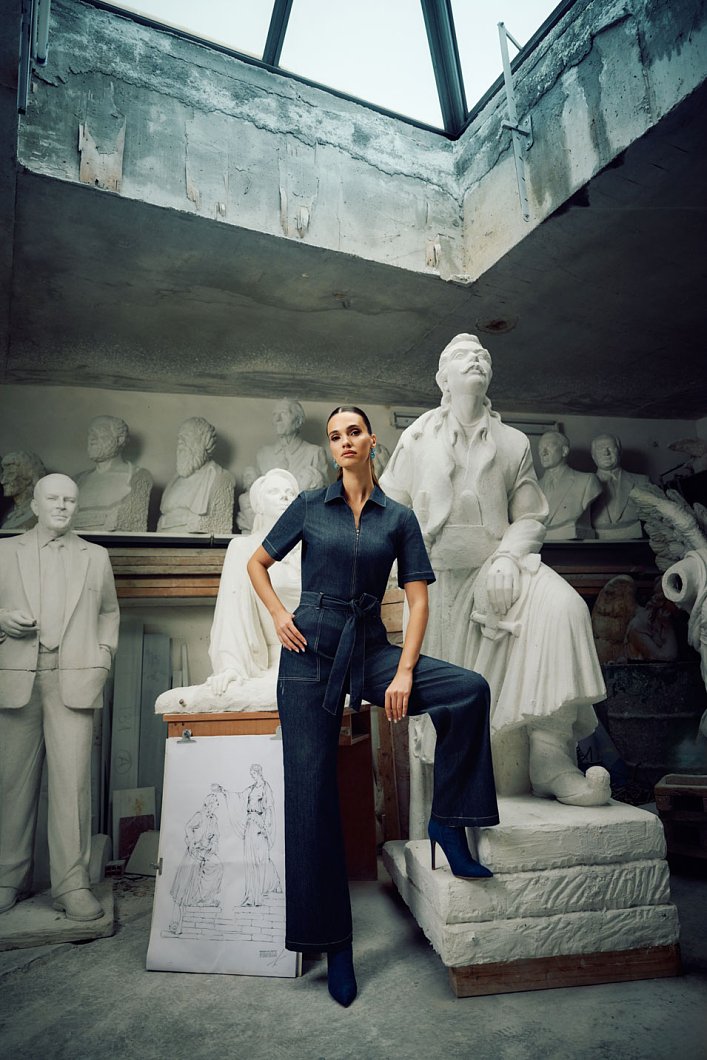 Denim jumpsuit with belt