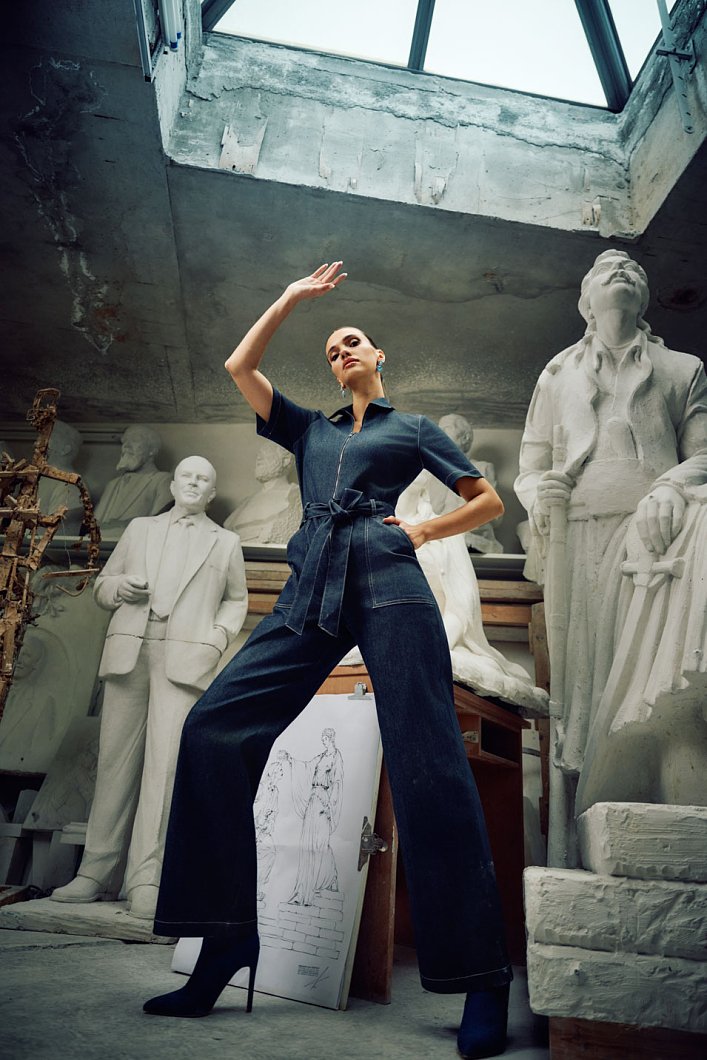 Denim jumpsuit with belt