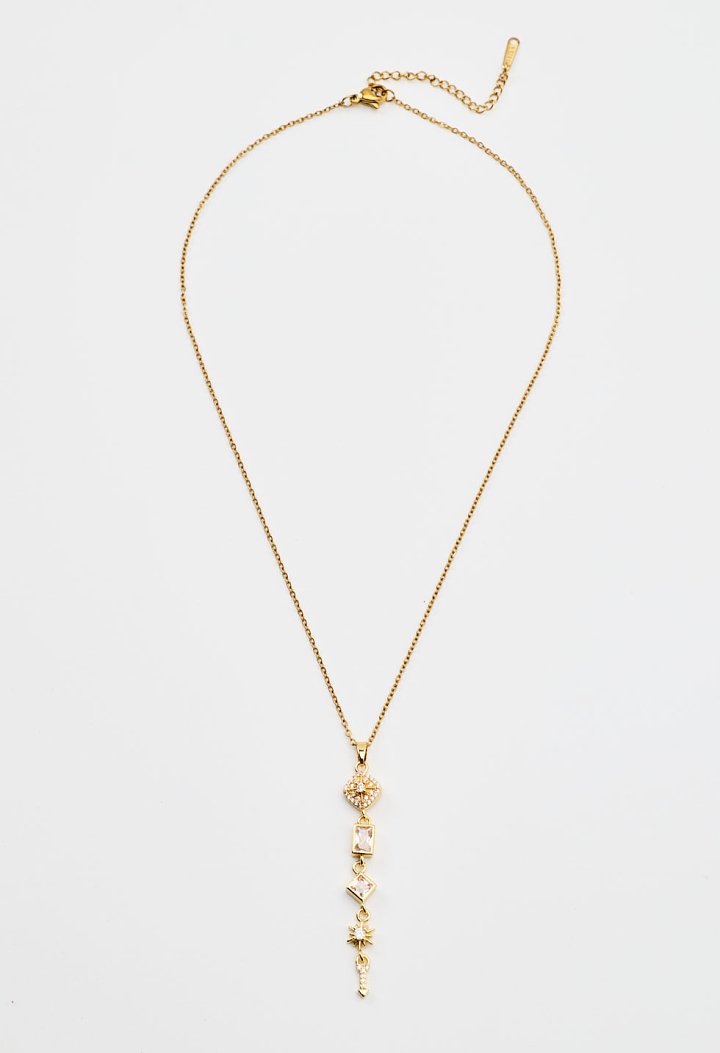 Gold-plated necklace with dangling motifs.