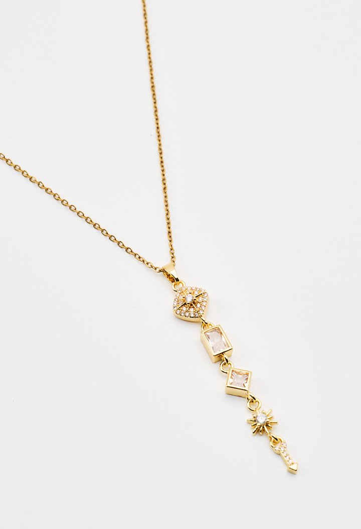 Gold-plated necklace with dangling motifs.
