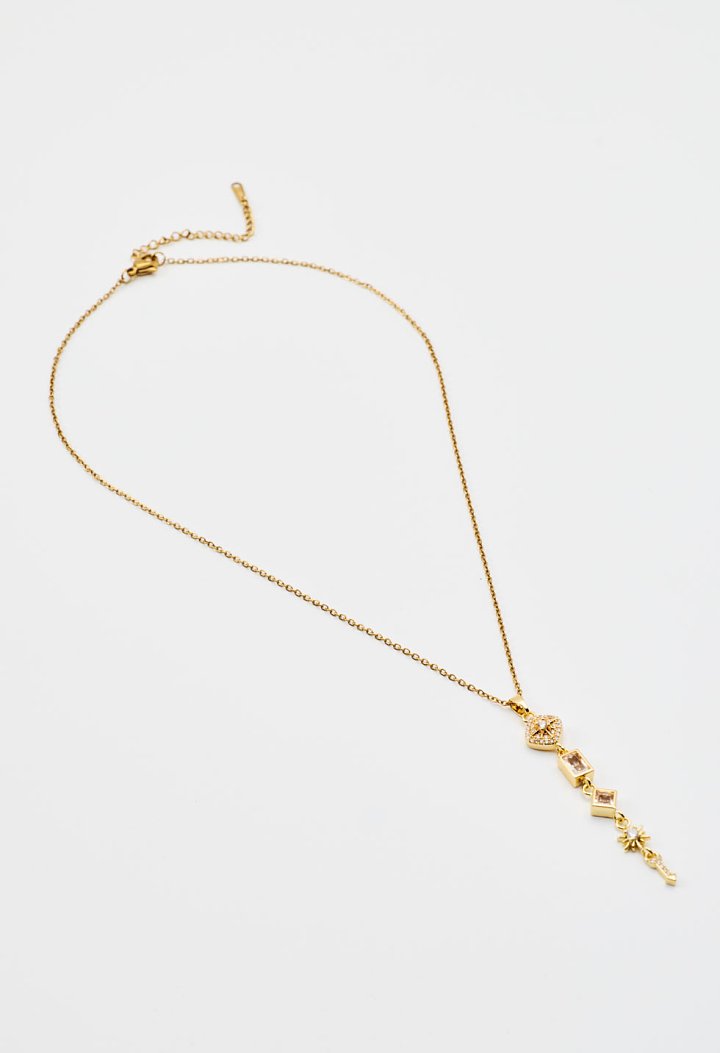Gold-plated necklace with dangling motifs.