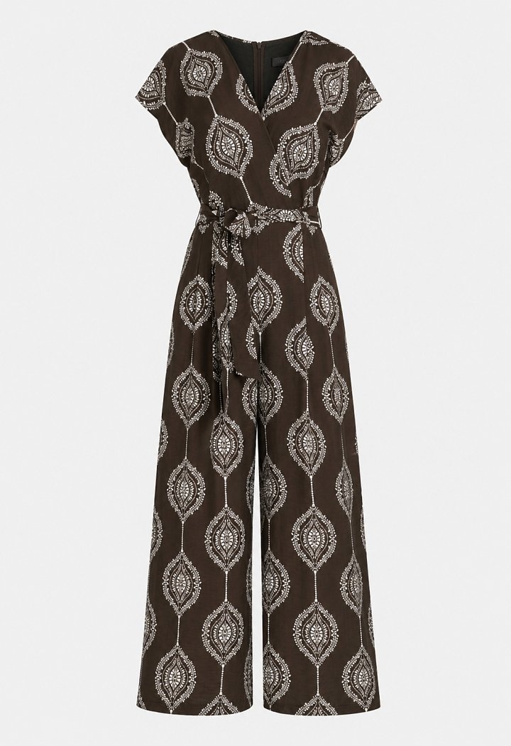 Wrap jumpsuit with an ethnic print in brown tones.