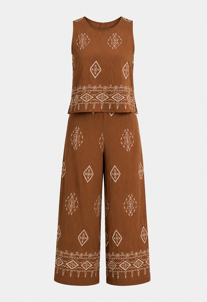 Boho printed set featuring a top and wide-leg trousers in brown tones